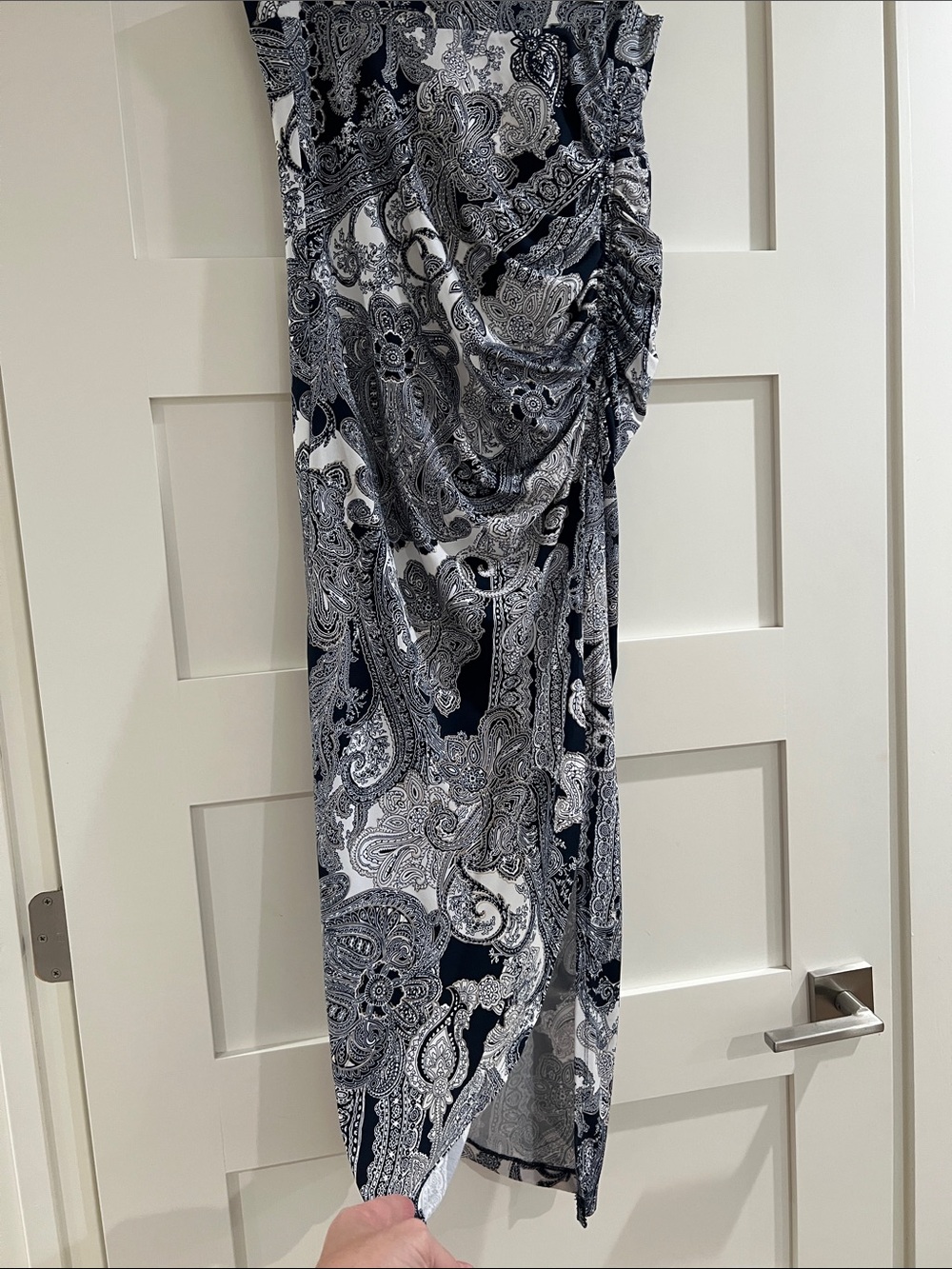 Navy and White Paisley Ruched Maxi Skirt